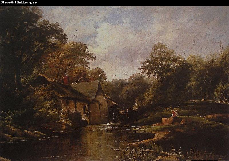 Theodore Fourmois Watermill in the Ardennes with angler